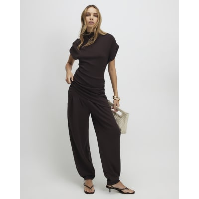 Brown Premium Short Sleeve Gathered Side Top