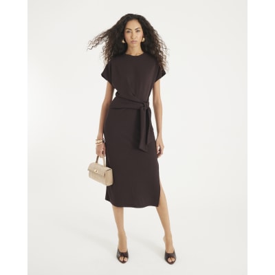 Brown Premium Short Sleeve Knot Midi Dress