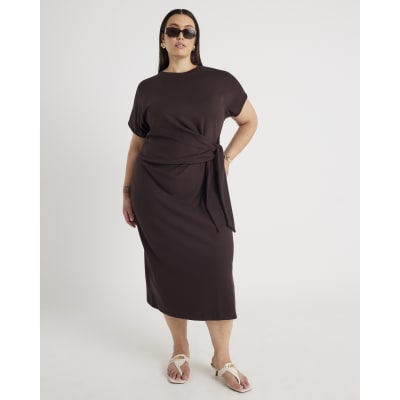 Brown Premium Short Sleeve Knot Midi Dress