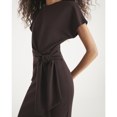 Brown Premium Short Sleeve Knot Midi Dress