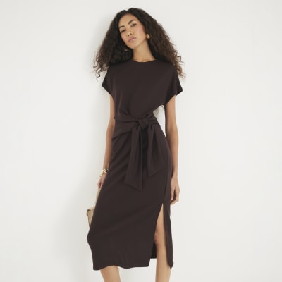 Brown Premium Short Sleeve Knot Midi Dress