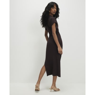 Brown Premium Short Sleeve Knot Midi Dress