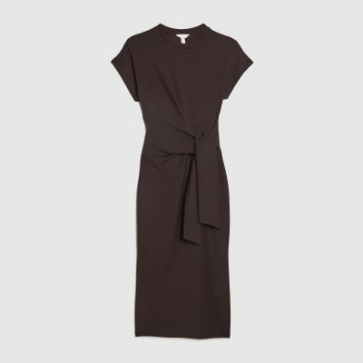 Brown Premium Short Sleeve Knot Midi Dress