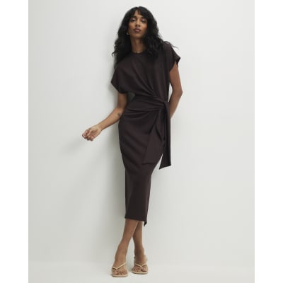 Brown Premium Short Sleeve Knot Midi Dress