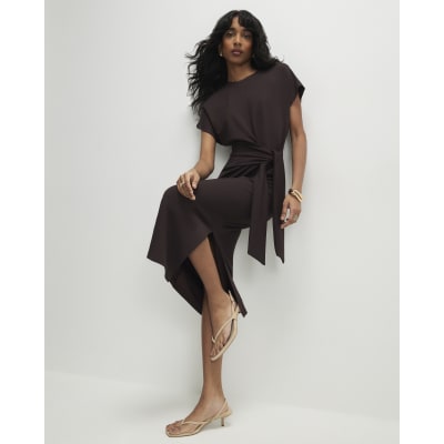 Brown Premium Short Sleeve Knot Midi Dress