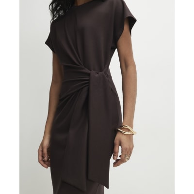 Brown Premium Short Sleeve Knot Midi Dress