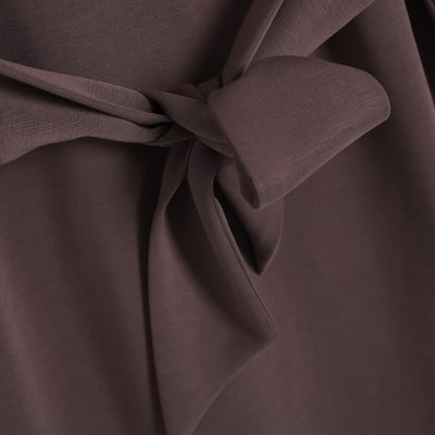 Brown Premium Tie Front Mini Sweatshirt Dress