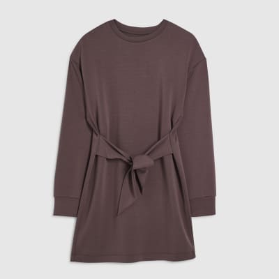 Brown Premium Tie Front Mini Sweatshirt Dress