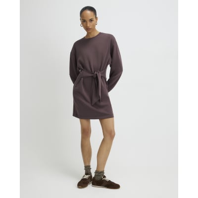 Brown Premium Tie Front Mini Sweatshirt Dress