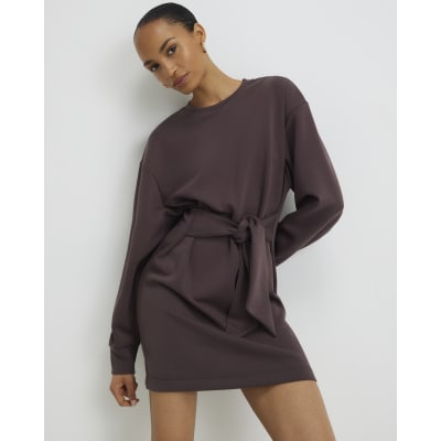 Brown Premium Tie Front Mini Sweatshirt Dress