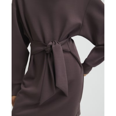 Brown Premium Tie Front Mini Sweatshirt Dress