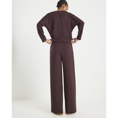 Brown Premium Wide Leg Pintuck Joggers