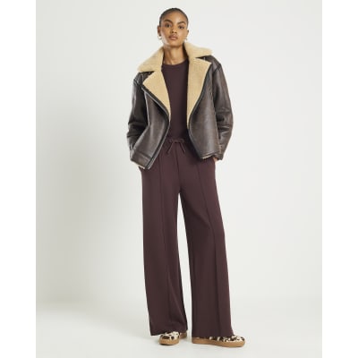 Brown Premium Wide Leg Pintuck Joggers
