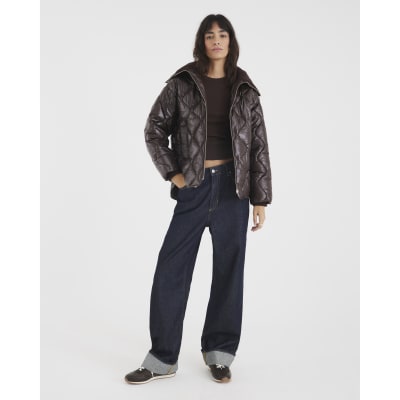 Brown Ribbed Collar Padded Jacket