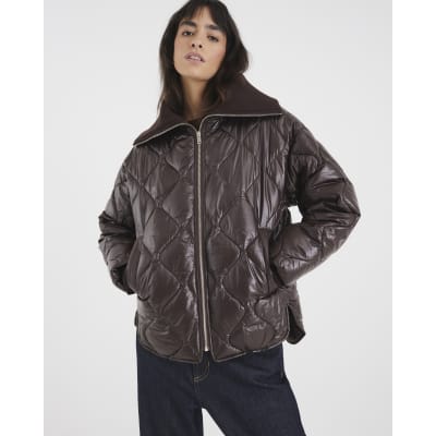 Brown Ribbed Collar Padded Jacket