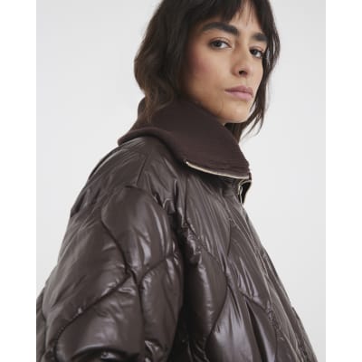 Brown Ribbed Collar Padded Jacket