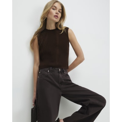 Brown Ribbed Knitted Tank Top