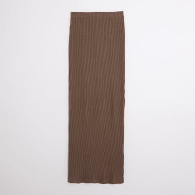 Brown Ribbed Midi Skirt