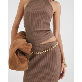 Brown Ribbed Midi Skirt