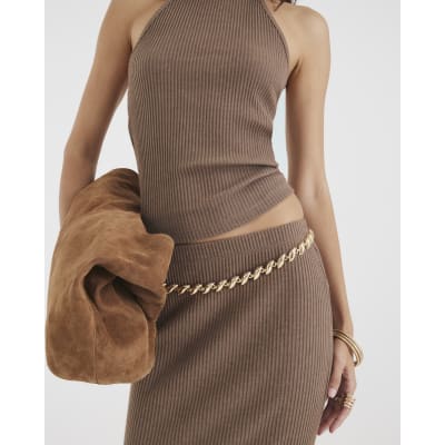 Brown Ribbed Midi Skirt