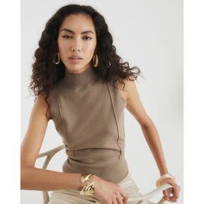 Brown Ribbed Roll Neck Sleeveless Top