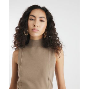Brown Ribbed Roll Neck Sleeveless Top