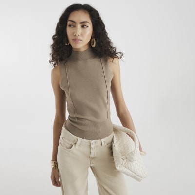 Brown Ribbed Roll Neck Sleeveless Top