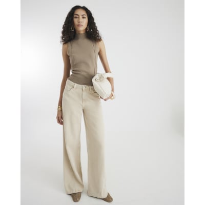 Brown Ribbed Roll Neck Sleeveless Top