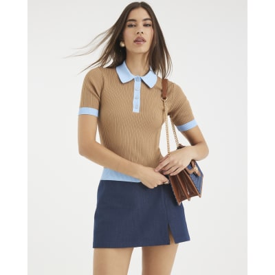 Brown Ribbed Short Sleeve Polo Top