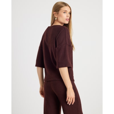 Brown Ribbed Side Knot Top