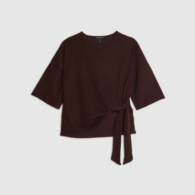 Brown Ribbed Side Knot Top