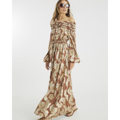 Brown Ruffled Gold Detail Bardot Maxi Dress