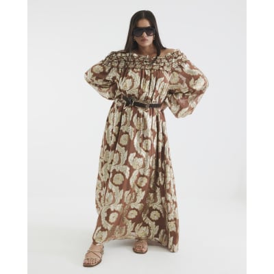 Brown Ruffled Gold Detail Bardot Maxi Dress