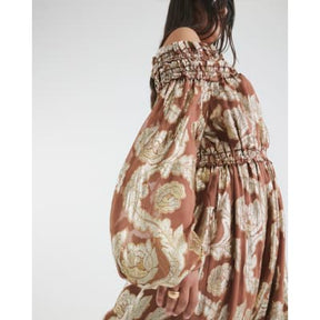Brown Ruffled Gold Detail Bardot Maxi Dress