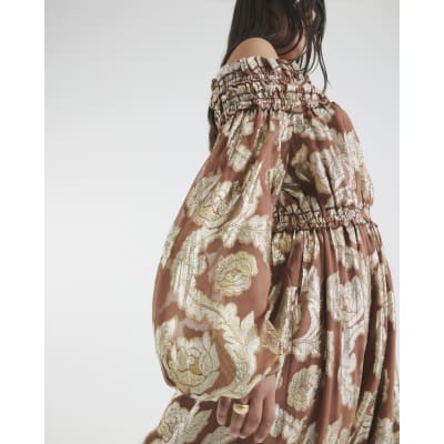 Brown Ruffled Gold Detail Bardot Maxi Dress