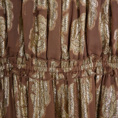 Brown Ruffled Gold Detail Bardot Maxi Dress