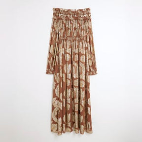 Brown Ruffled Gold Detail Bardot Maxi Dress