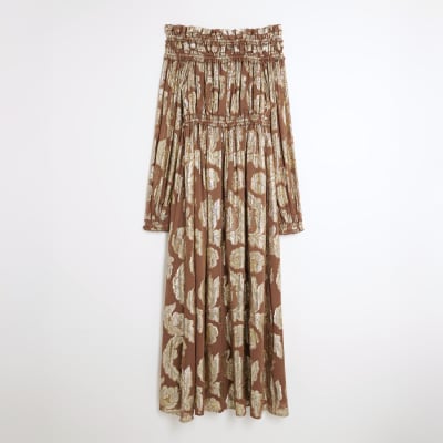 Brown Ruffled Gold Detail Bardot Maxi Dress