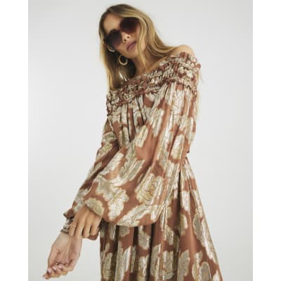 Brown Ruffled Gold Detail Bardot Maxi Dress