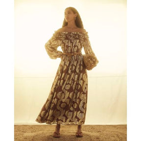 Brown Ruffled Gold Detail Bardot Maxi Dress