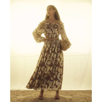 Brown Ruffled Gold Detail Bardot Maxi Dress