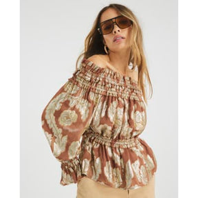Brown Ruffled Gold Detail Bardot Top