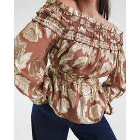 Brown Ruffled Gold Detail Bardot Top