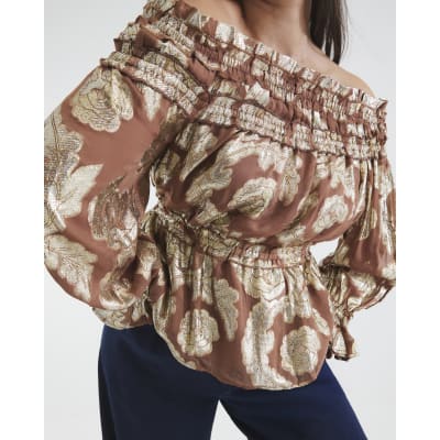 Brown Ruffled Gold Detail Bardot Top