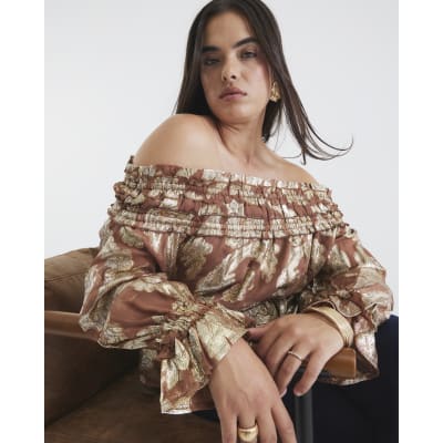Brown Ruffled Gold Detail Bardot Top