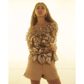 Brown Ruffled Gold Detail Bardot Top