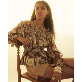 Brown Ruffled Gold Detail Bardot Top