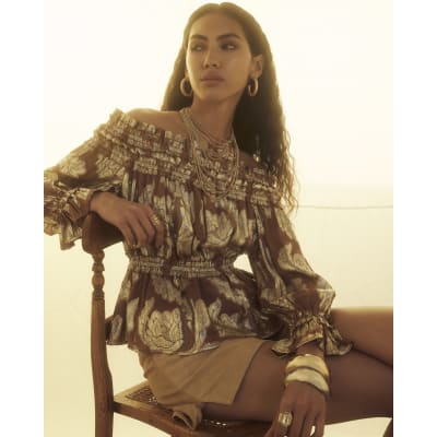 Brown Ruffled Gold Detail Bardot Top