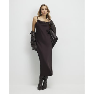 Brown Satin Cowl Neck Lace Trim Midi Dress