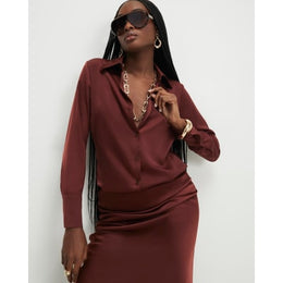 Brown Satin Long Sleeve Slim Fit Shirt